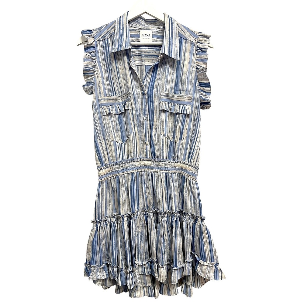 MISA Los Angeles Mini Dress Women Blue Striped Ruffle Smocked Coastal Boho